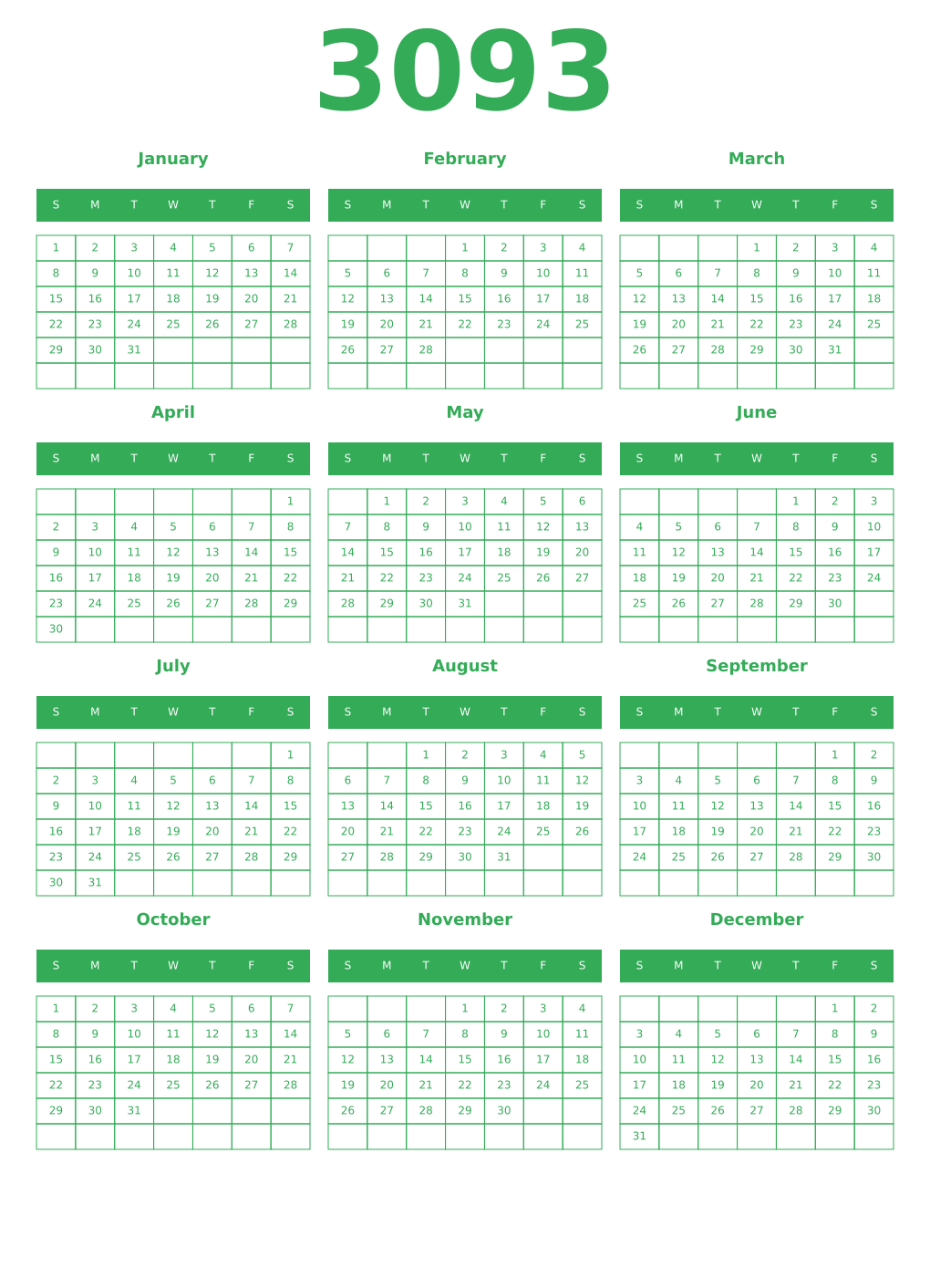 Printable 3093 Year Calendars green