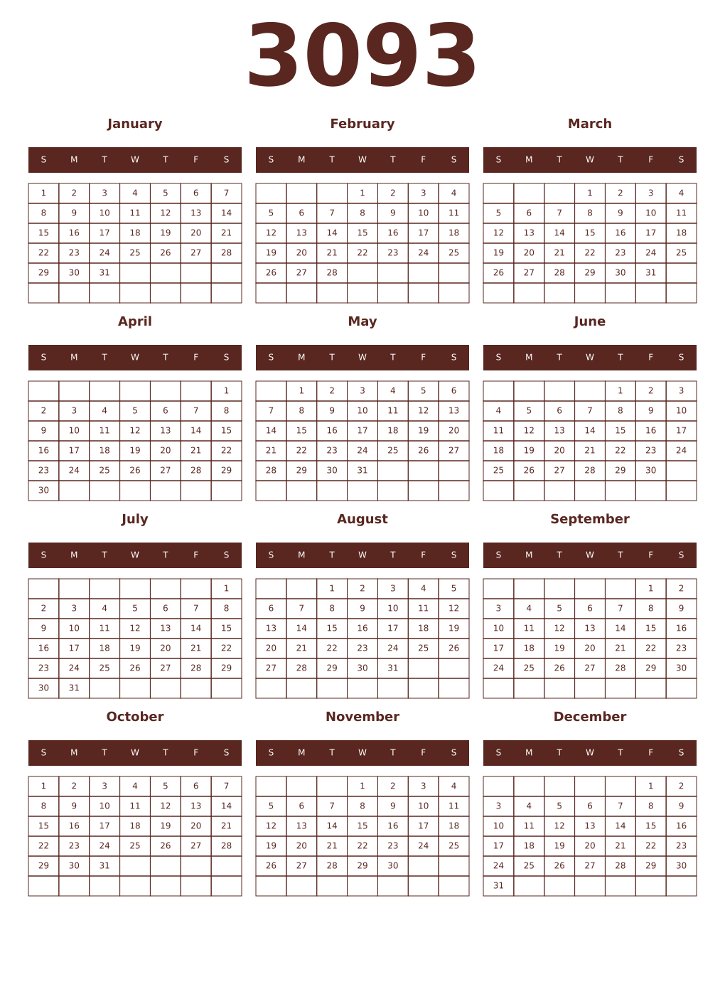 Printable 3093 Year Calendars mortuum