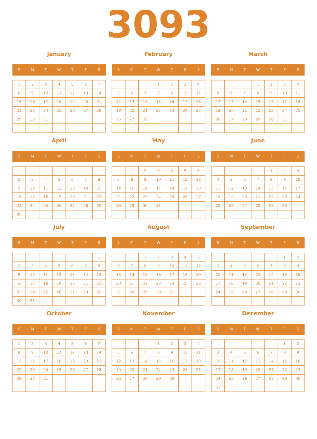 Printable 3093 Year Calendars orange
