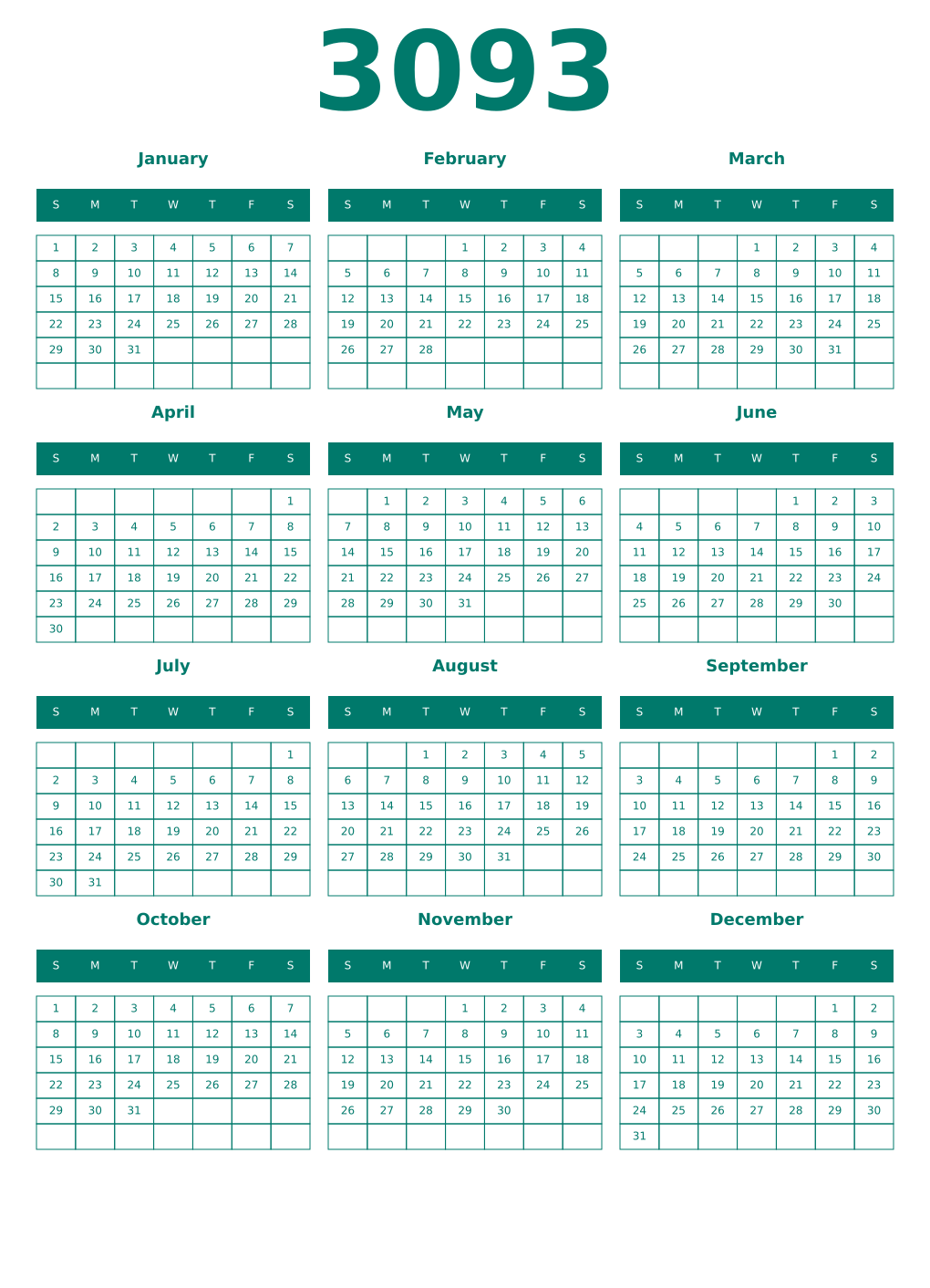 Printable 3093 Year Calendars pastel
