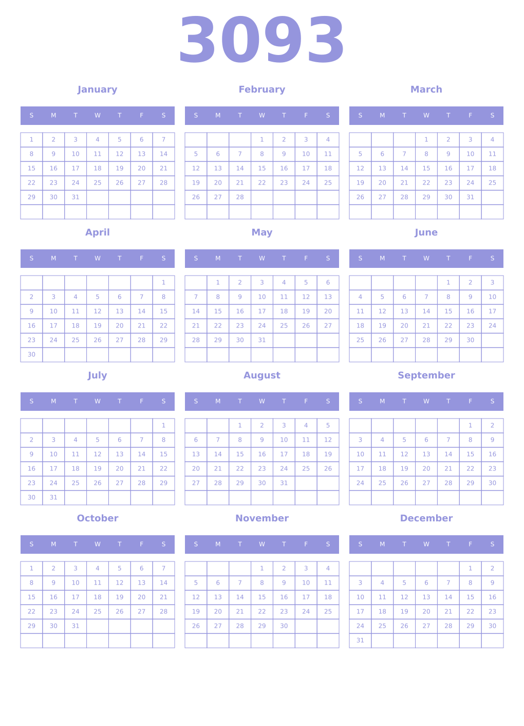 Printable 3093 Year Calendars periwinkle
