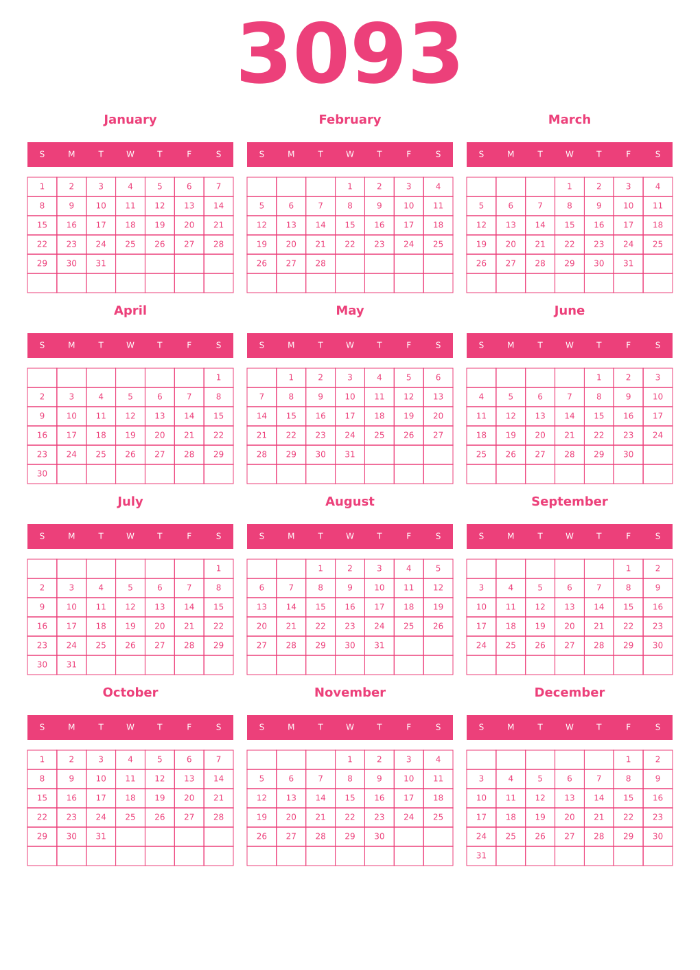 Printable 3093 Year Calendars pink