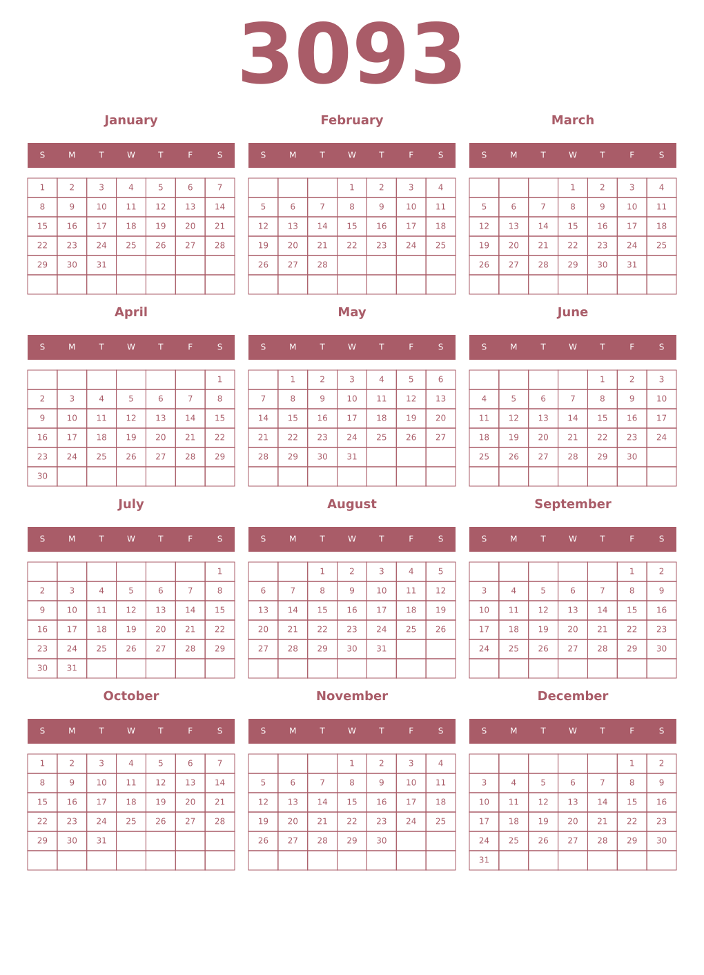 Printable 3093 Year Calendars puce