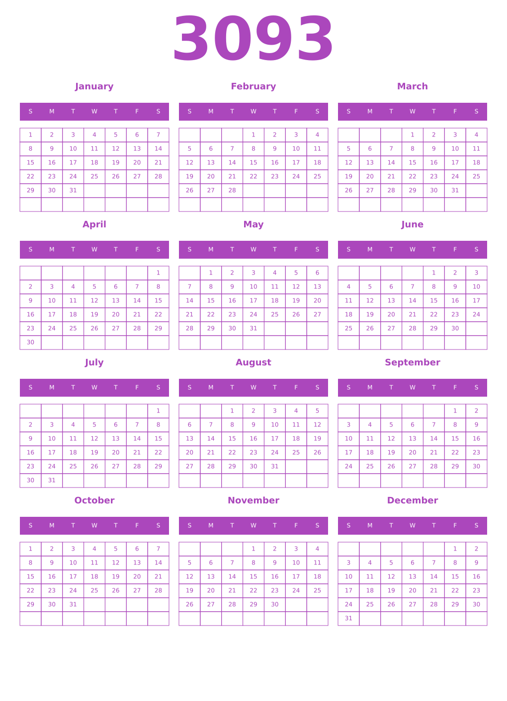 Printable 3093 Year Calendars purple