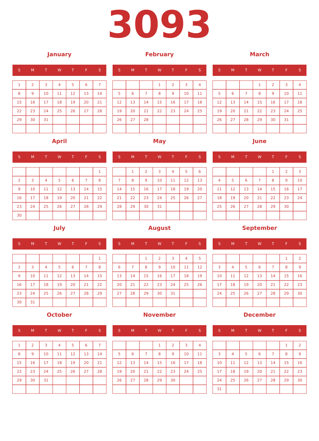 Printable 3093 Year Calendars red
