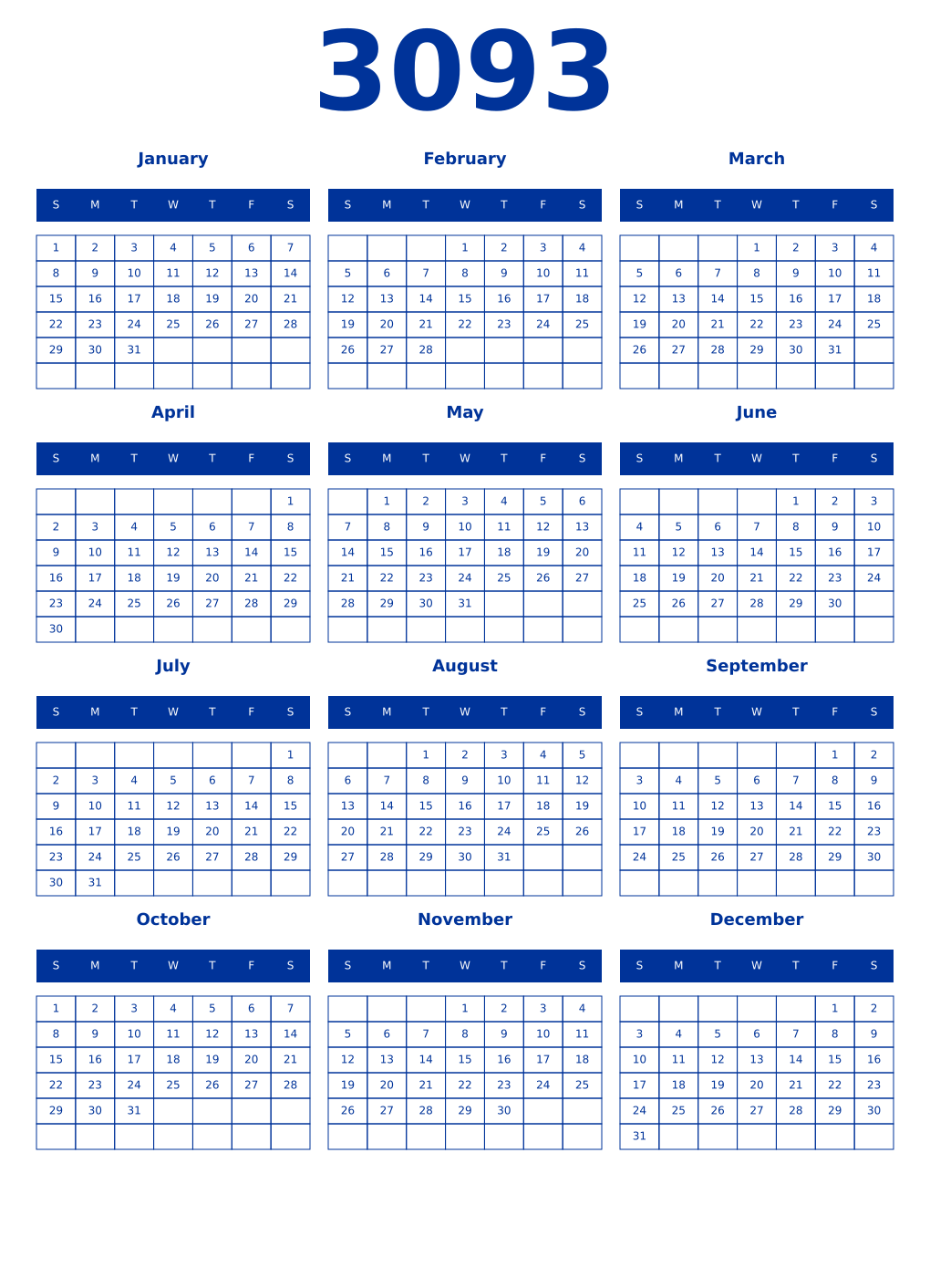 Printable 3093 Year Calendars smalt