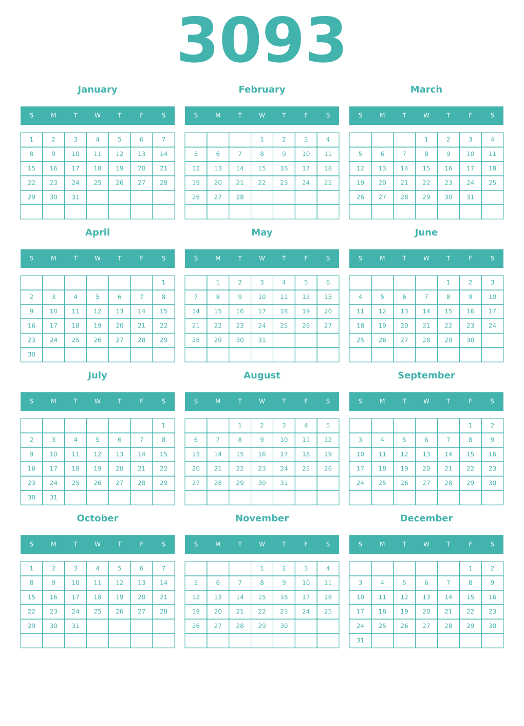 Printable 3093 Year Calendars verdigris