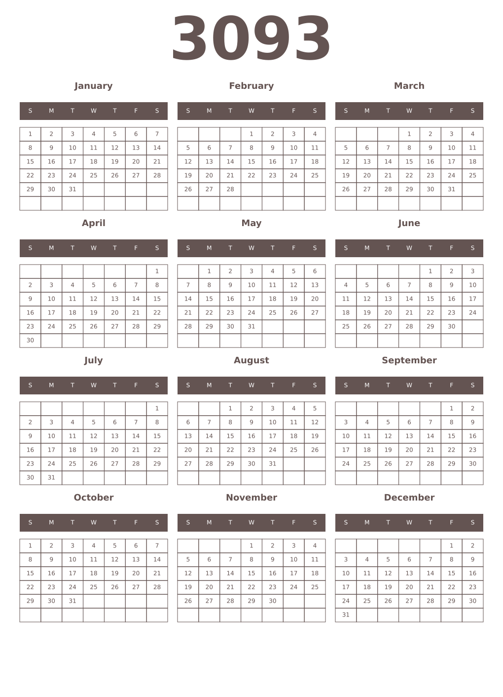 Printable 3093 Year Calendars wenge