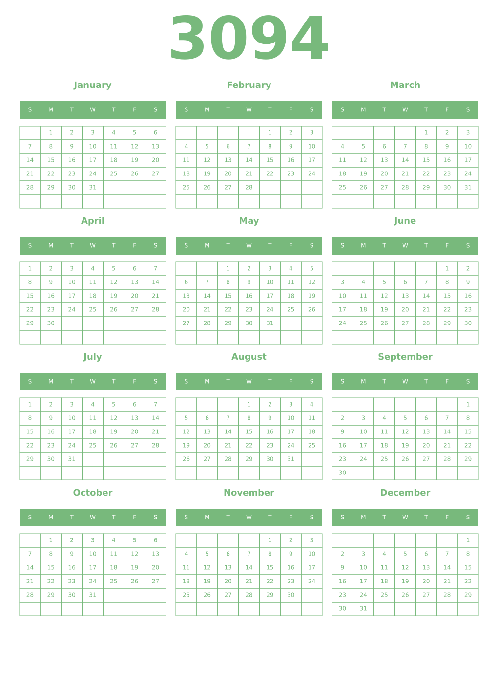 Printable 3094 Year Calendars celadon