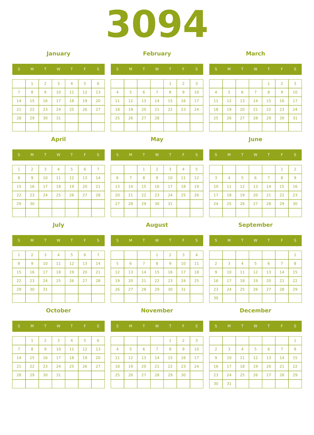 Printable 3094 Year Calendars chartreuse