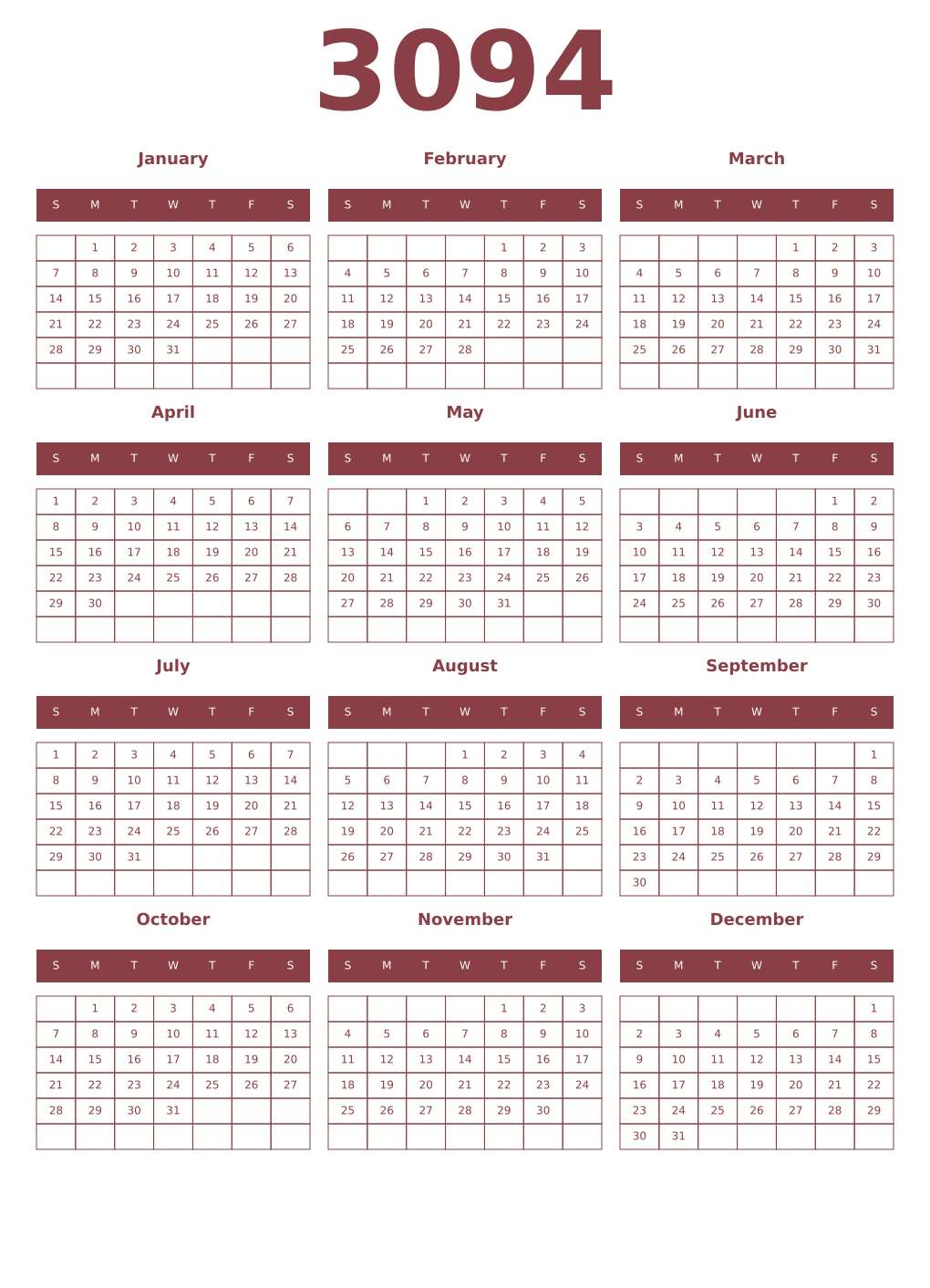 Printable 3094 Year Calendars cordovan