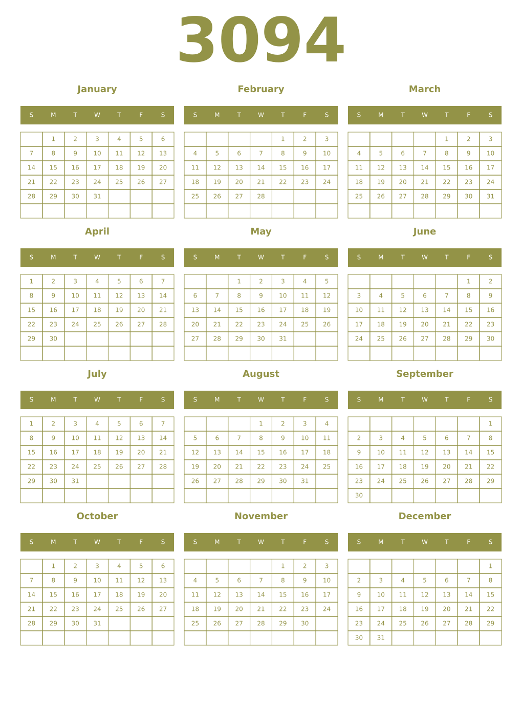Printable 3094 Year Calendars eburnean