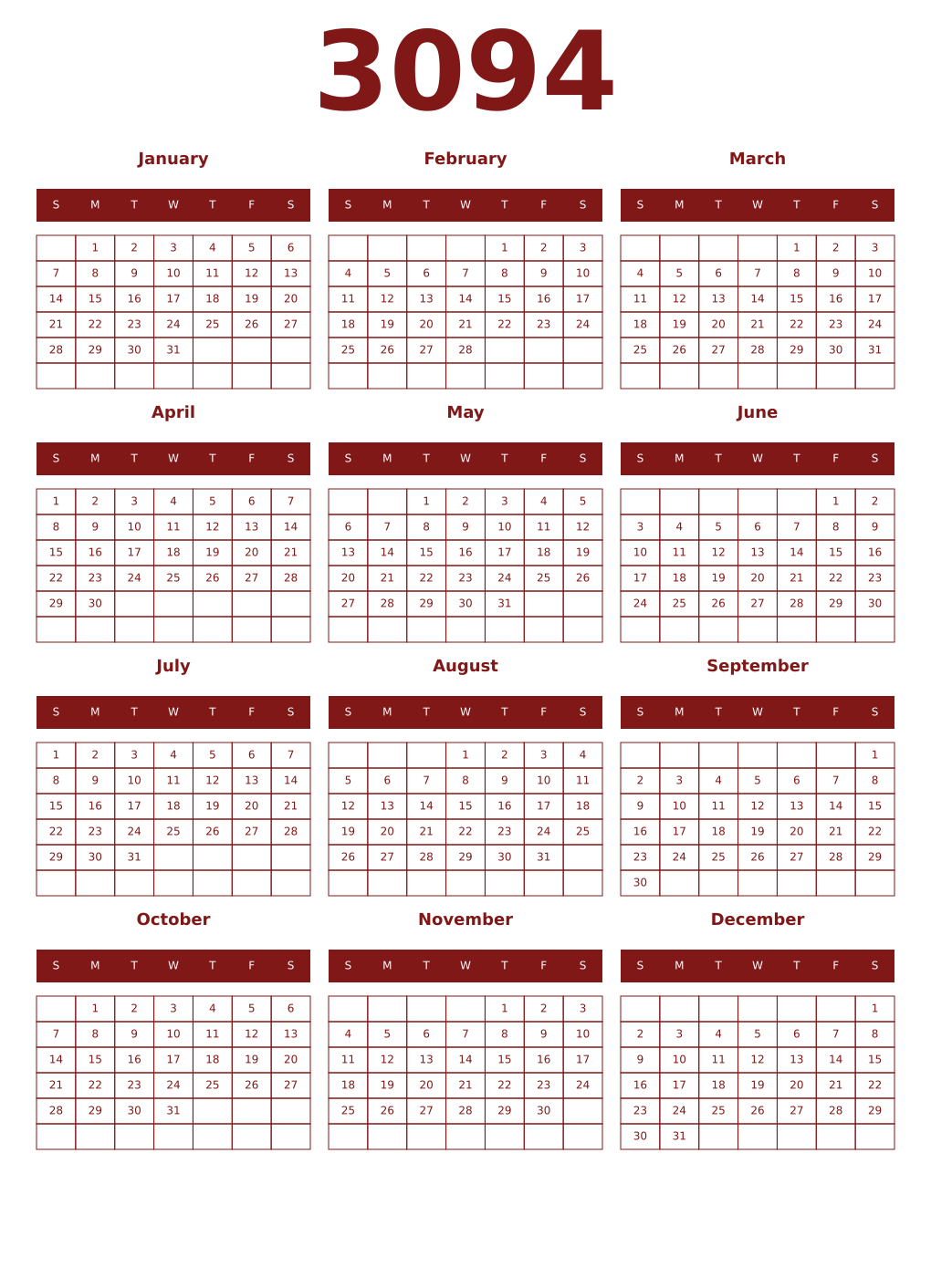 Printable 3094 Year Calendars falu