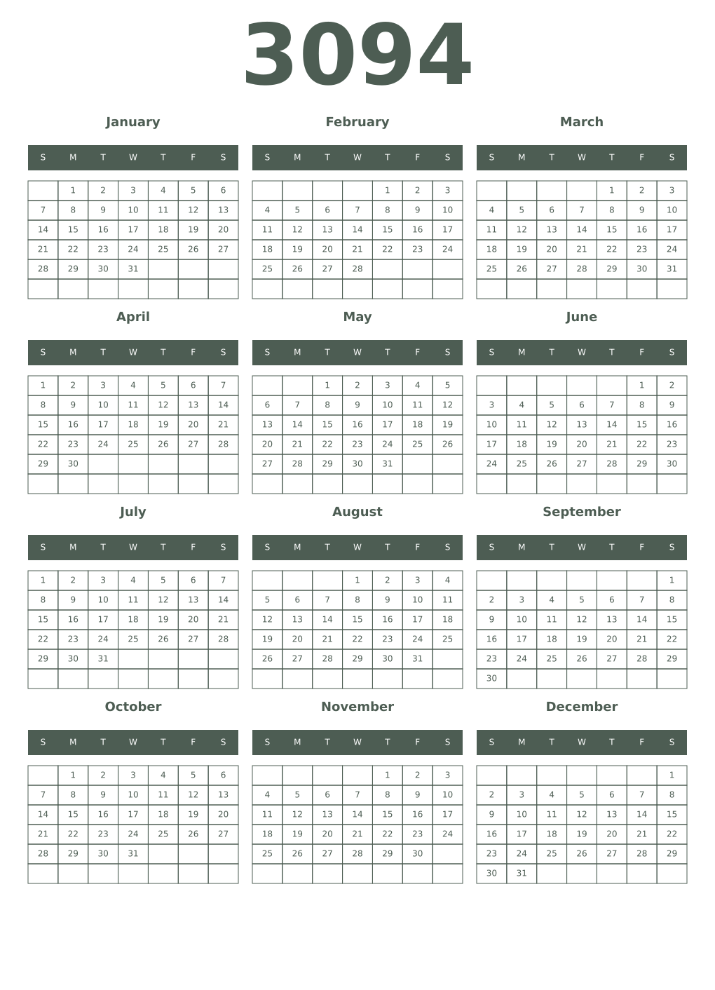 Printable 3094 Year Calendars feldgrau