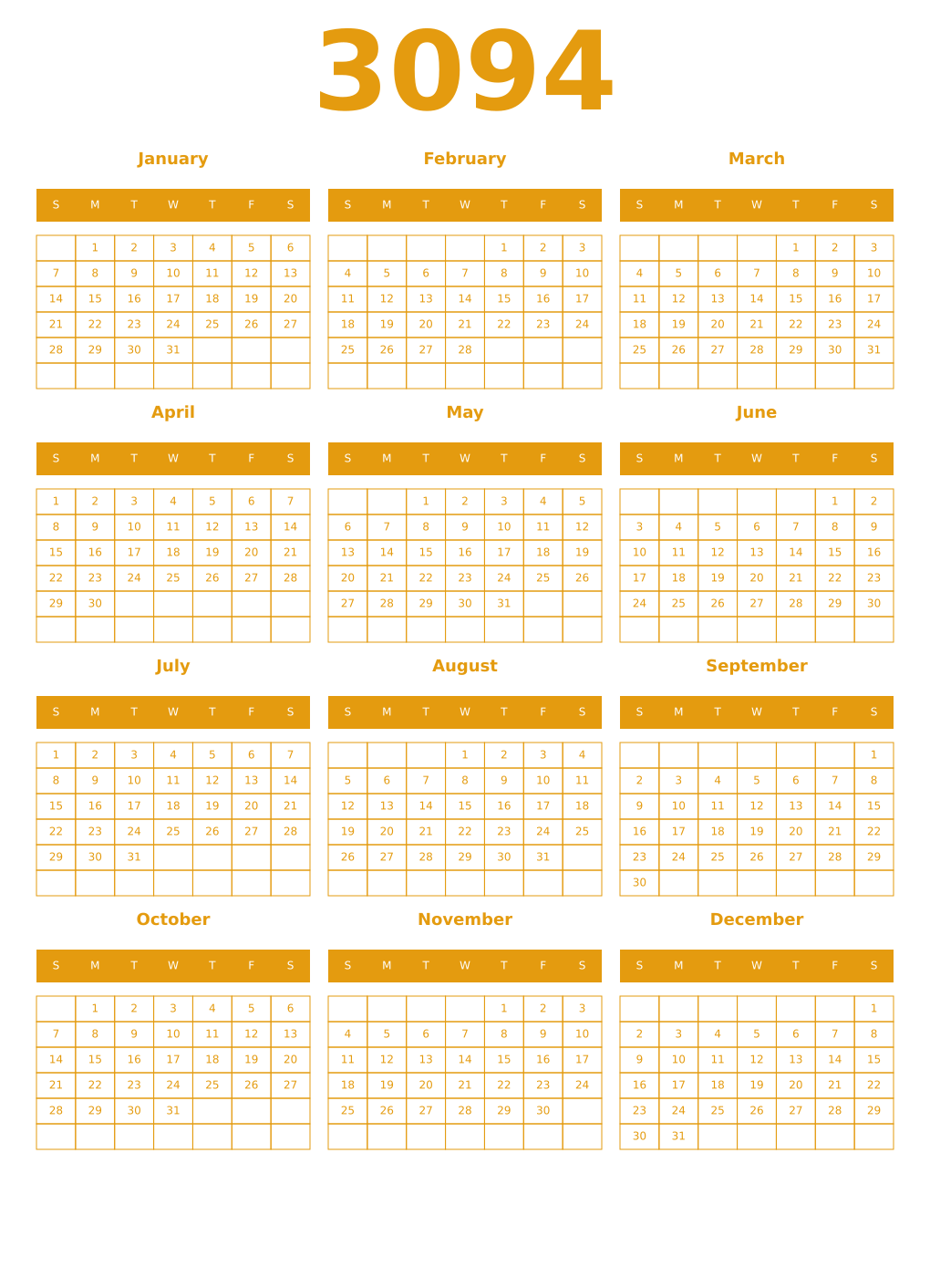 Printable 3094 Year Calendars gamboge