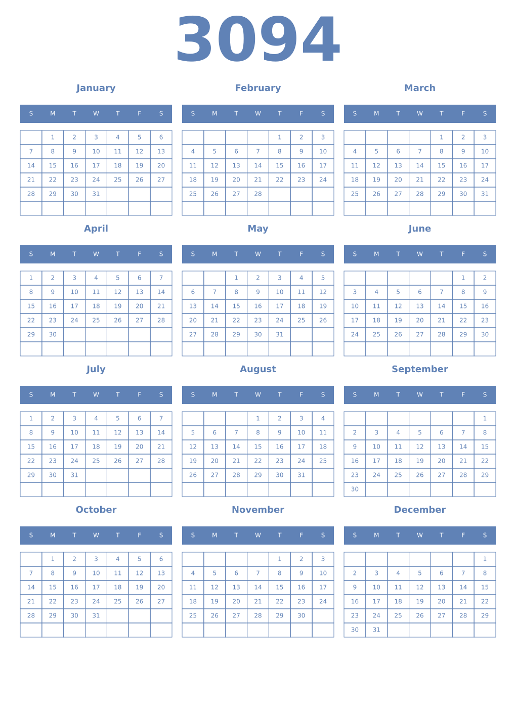 Printable 3094 Year Calendars glaucous