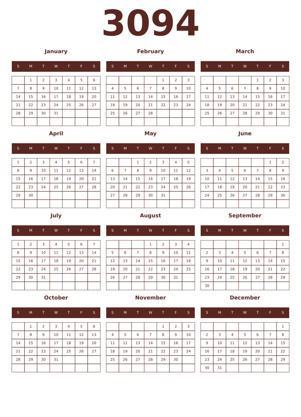 Printable 3094 Year Calendars mortuum