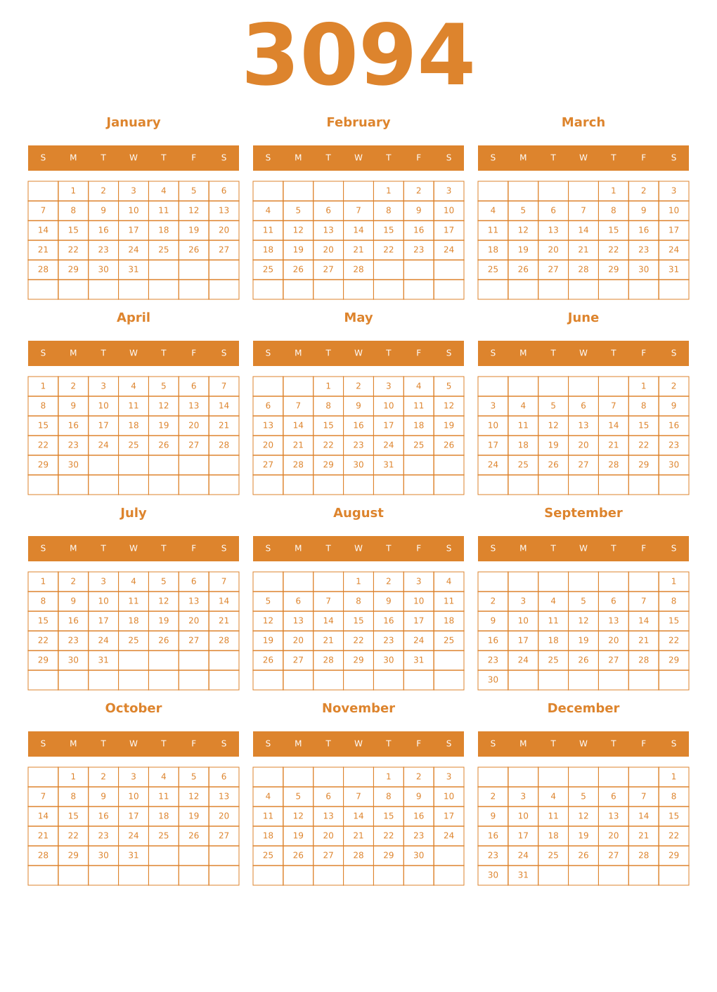 Printable 3094 Year Calendars orange