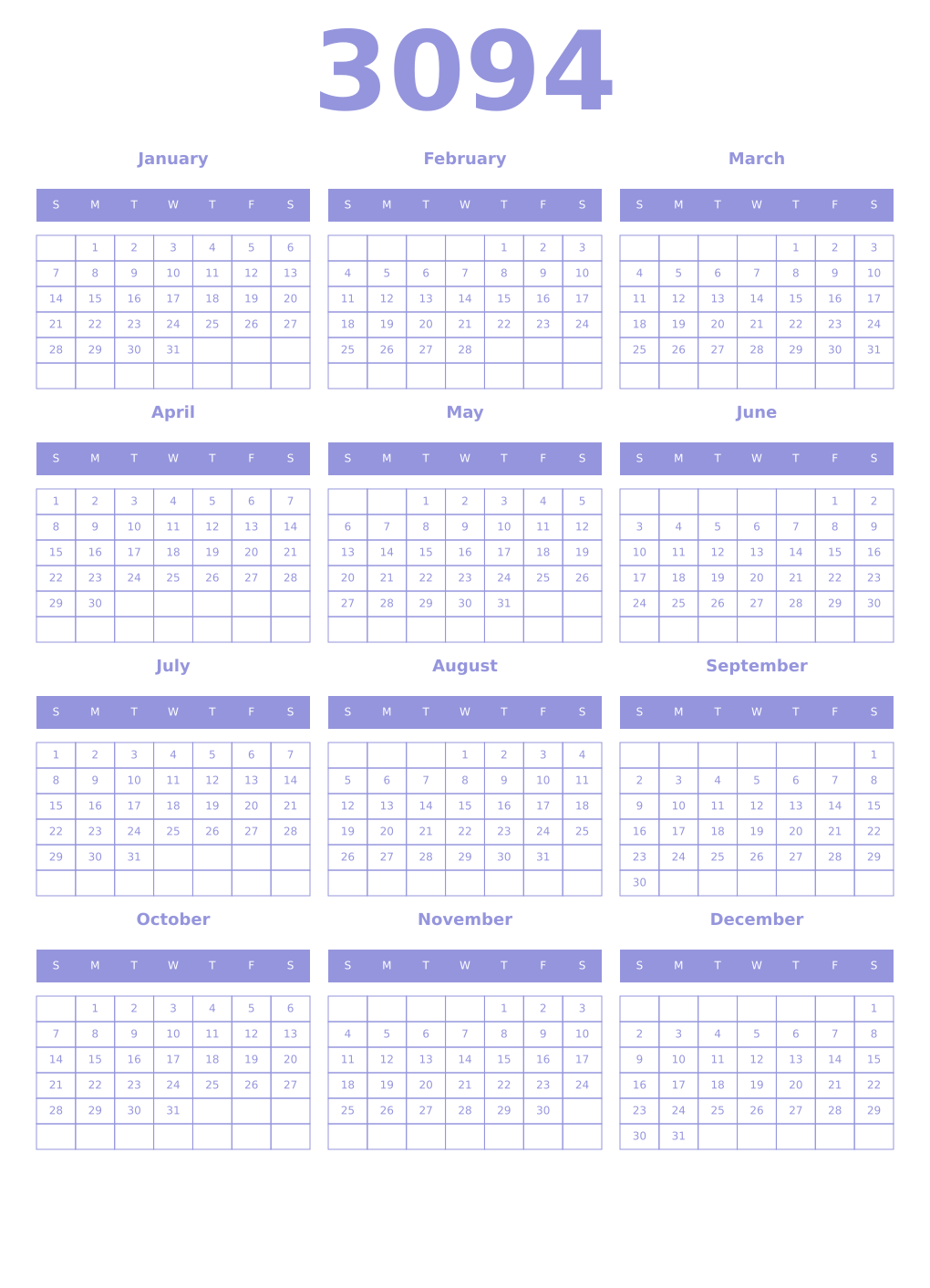 Printable 3094 Year Calendars periwinkle