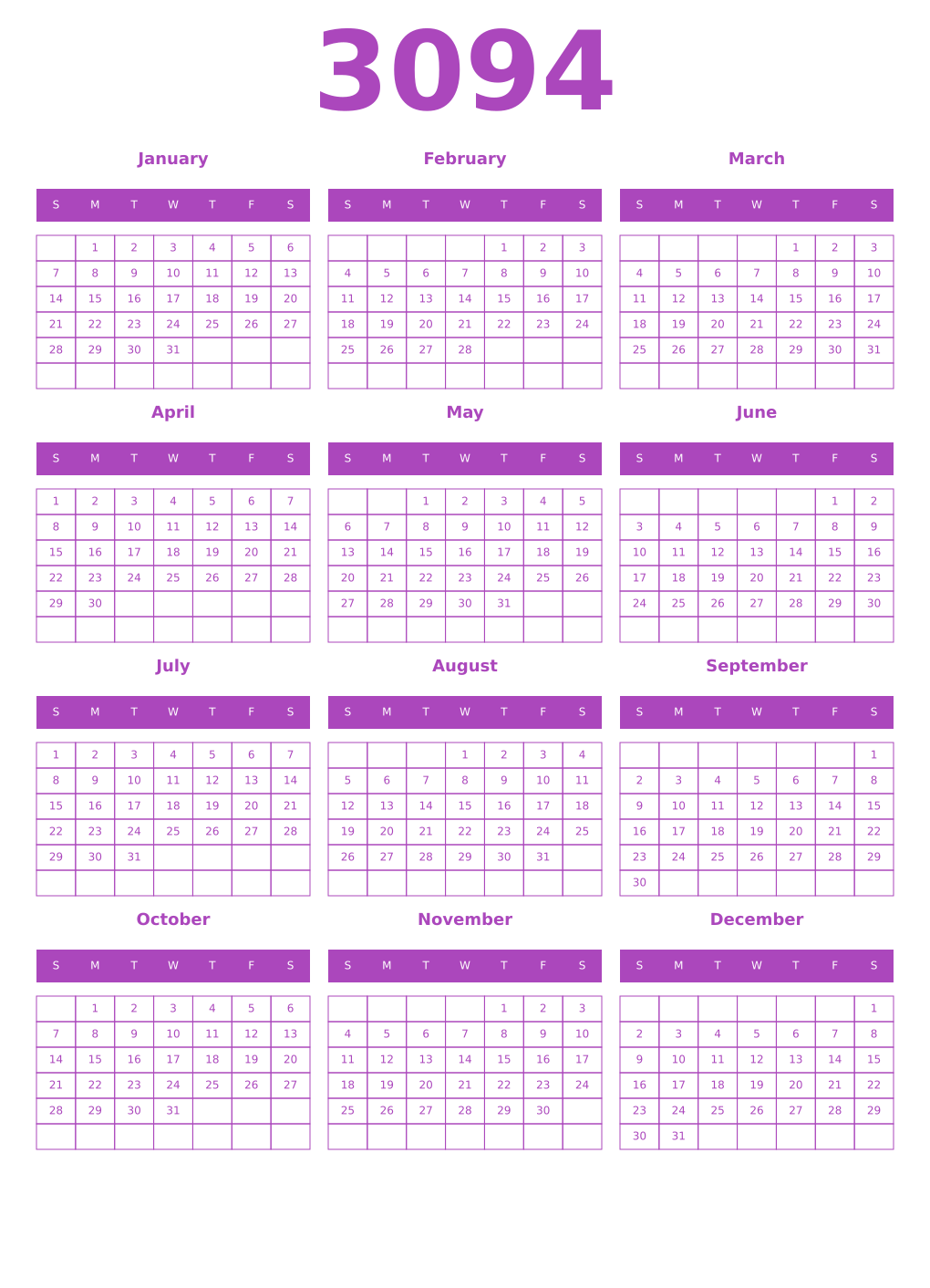 Printable 3094 Year Calendars purple
