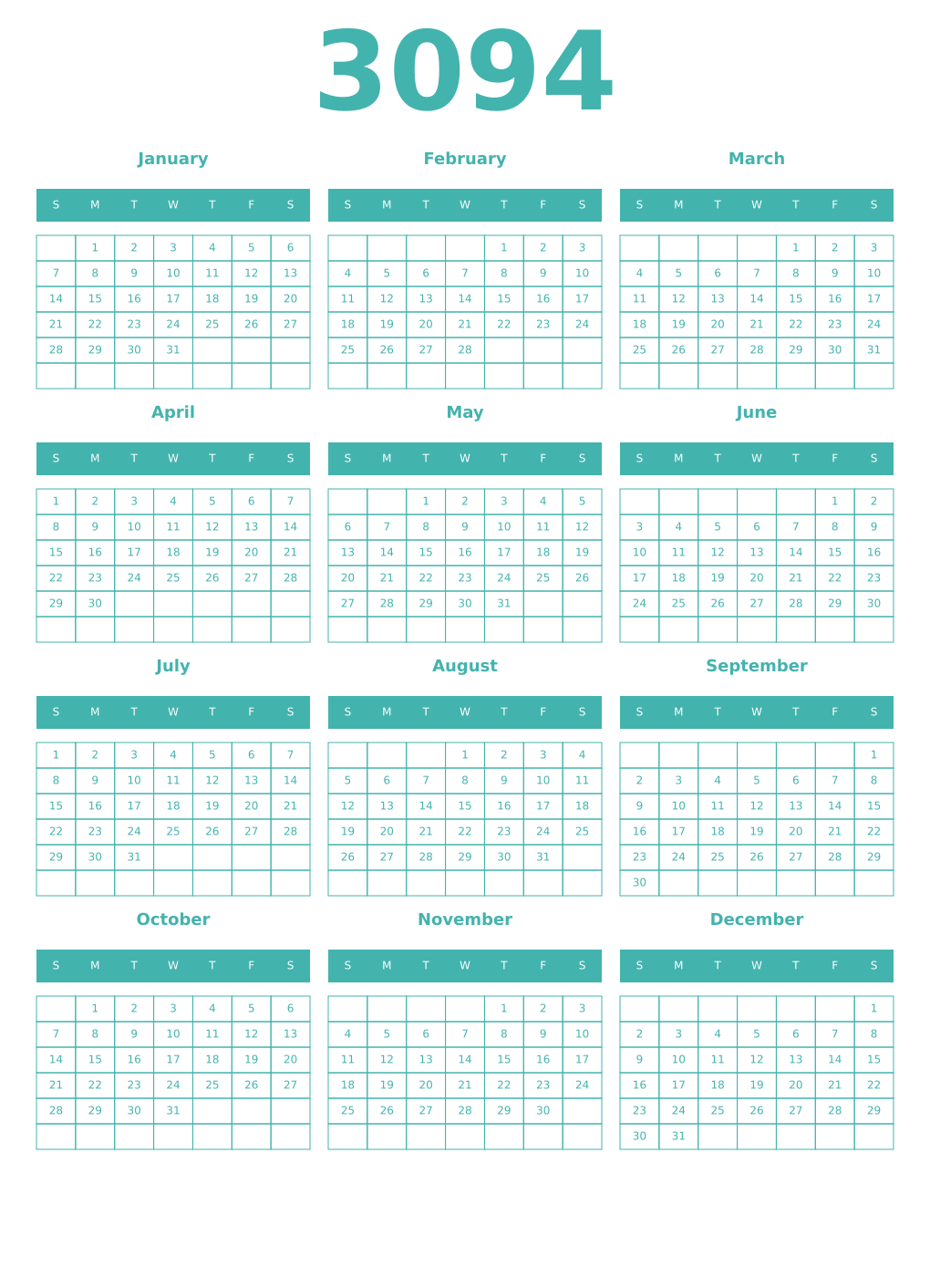 Printable 3094 Year Calendars verdigris