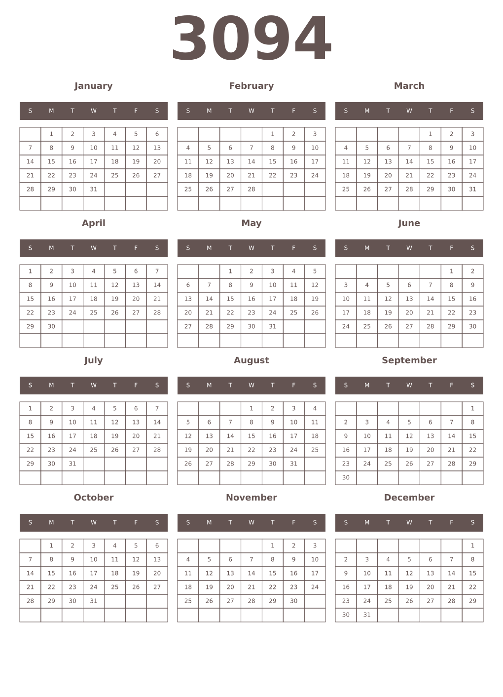 Printable 3094 Year Calendars wenge