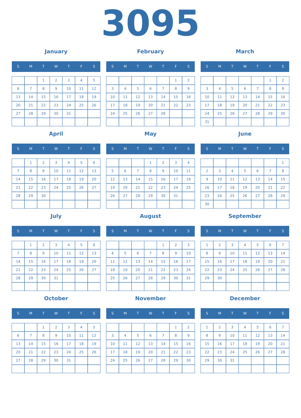 Printable 3095 Year Calendars blue