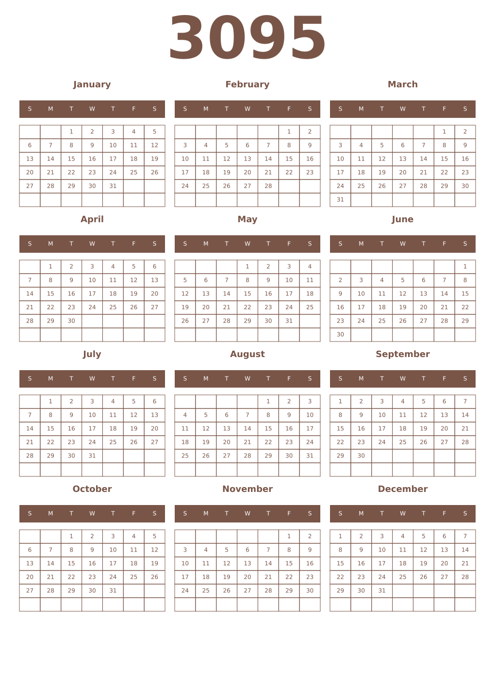 Printable 3095 Year Calendars coffe