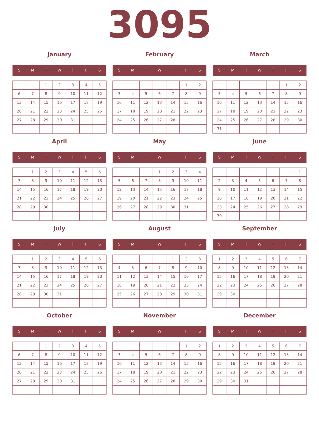 Printable 3095 Year Calendars cordovan