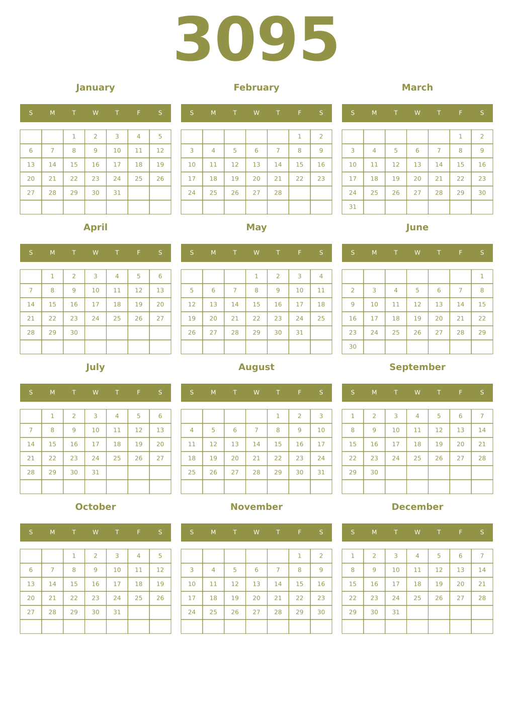 Printable 3095 Year Calendars eburnean
