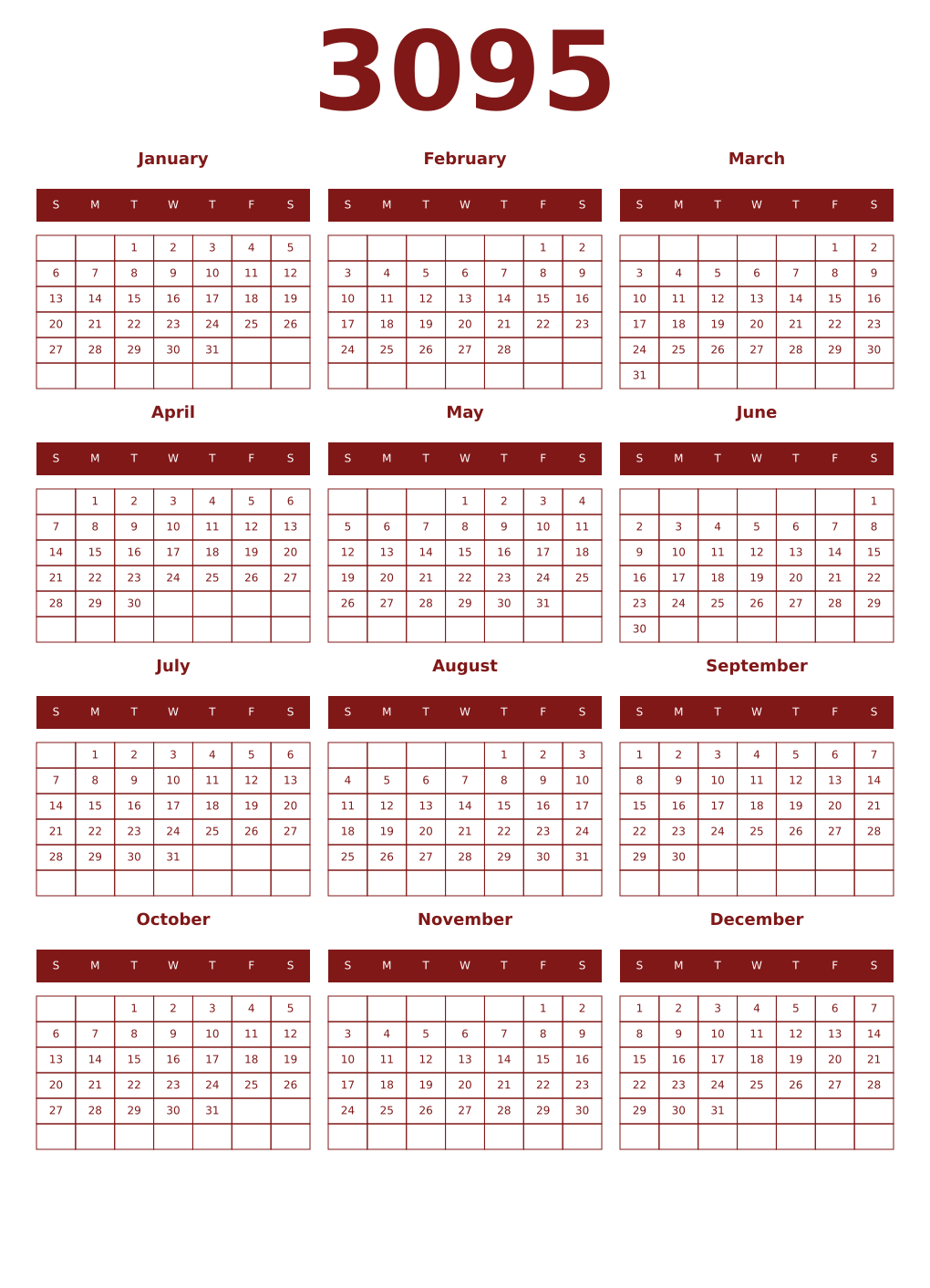 Printable 3095 Year Calendars falu