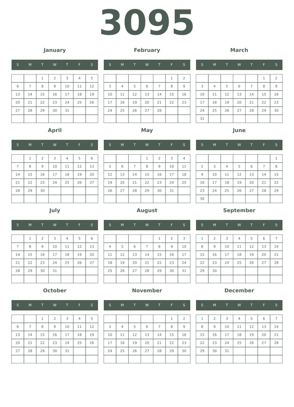 Printable 3095 Year Calendars feldgrau