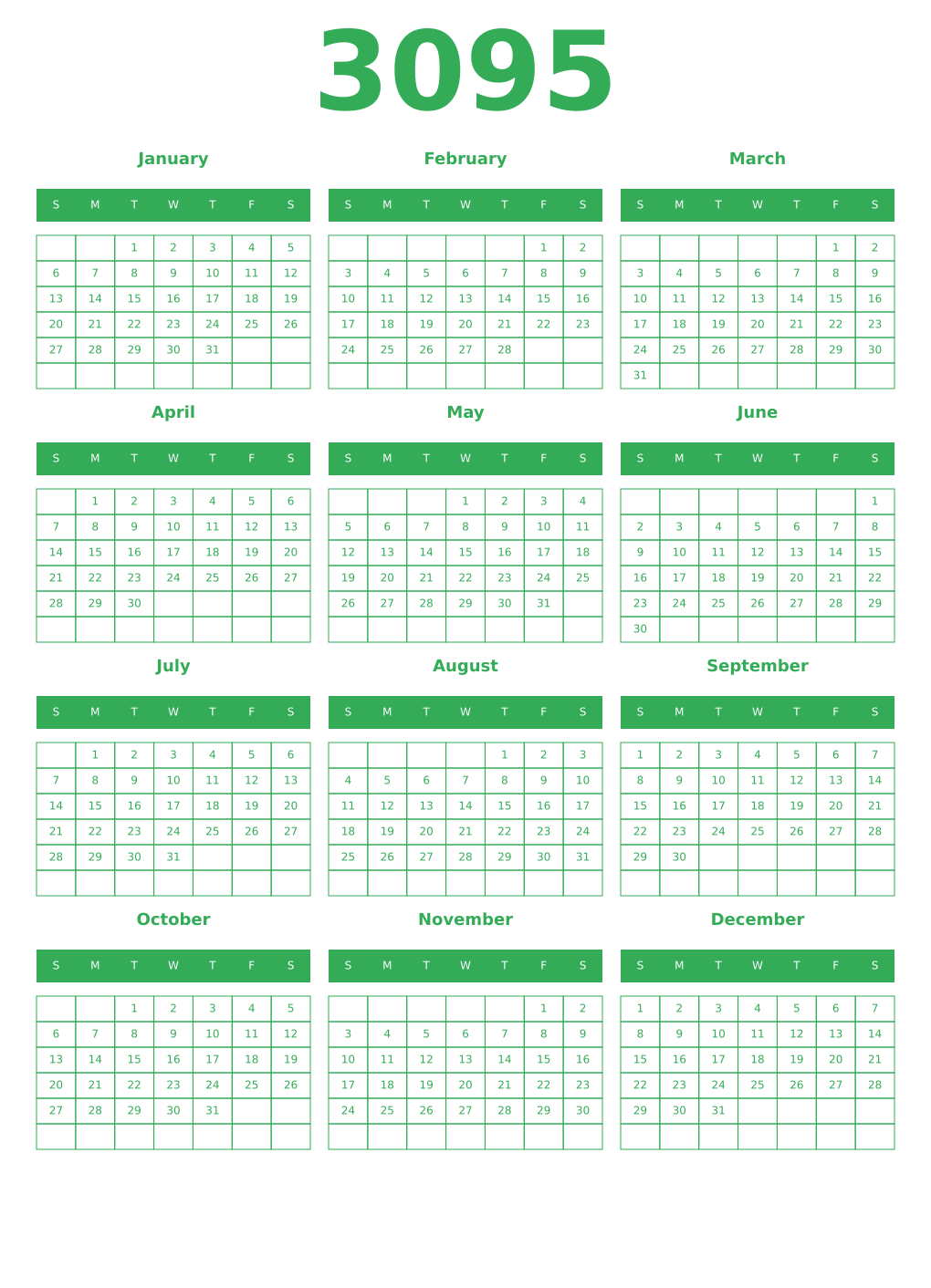 Printable 3095 Year Calendars green
