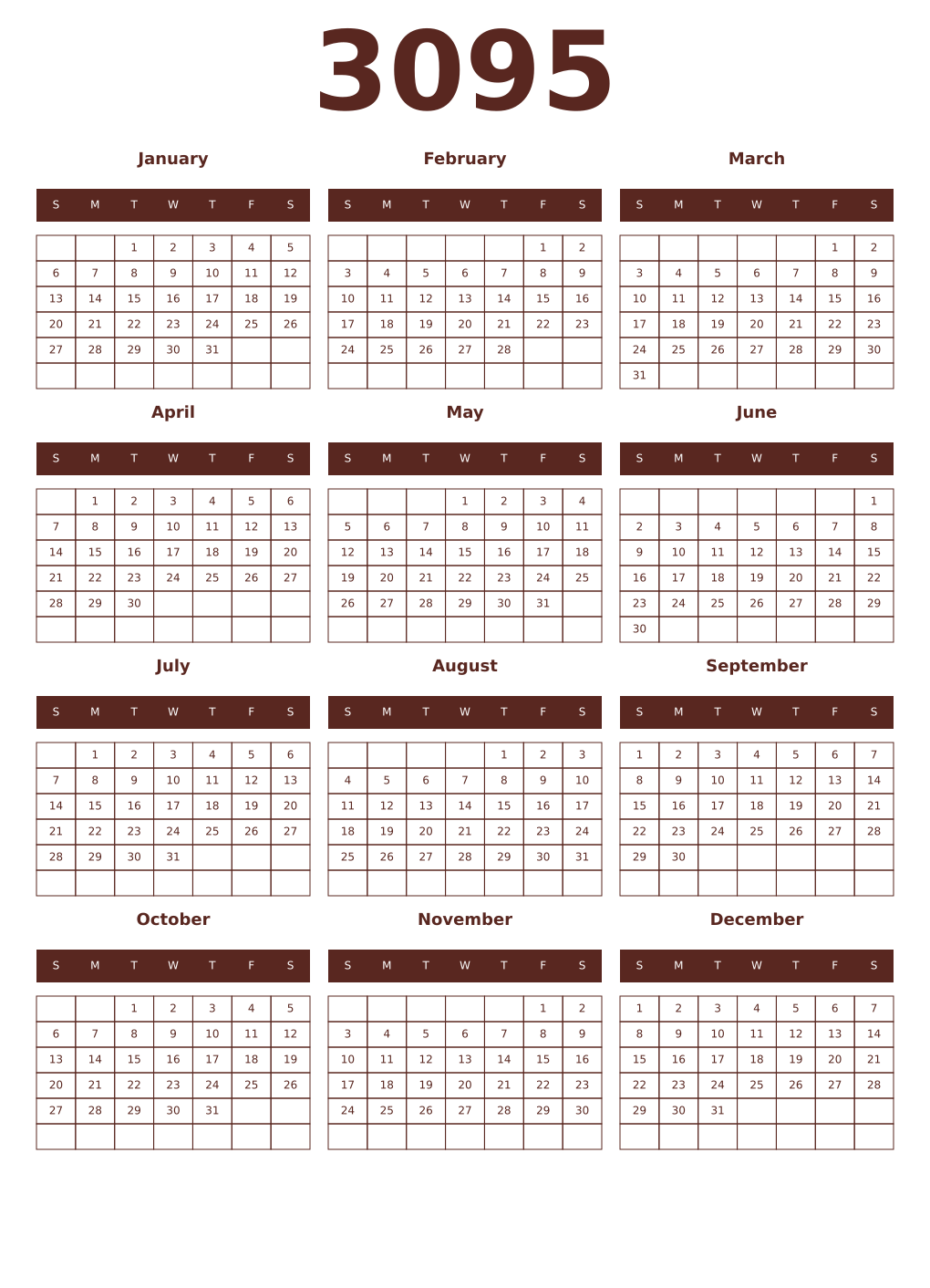 Printable 3095 Year Calendars mortuum