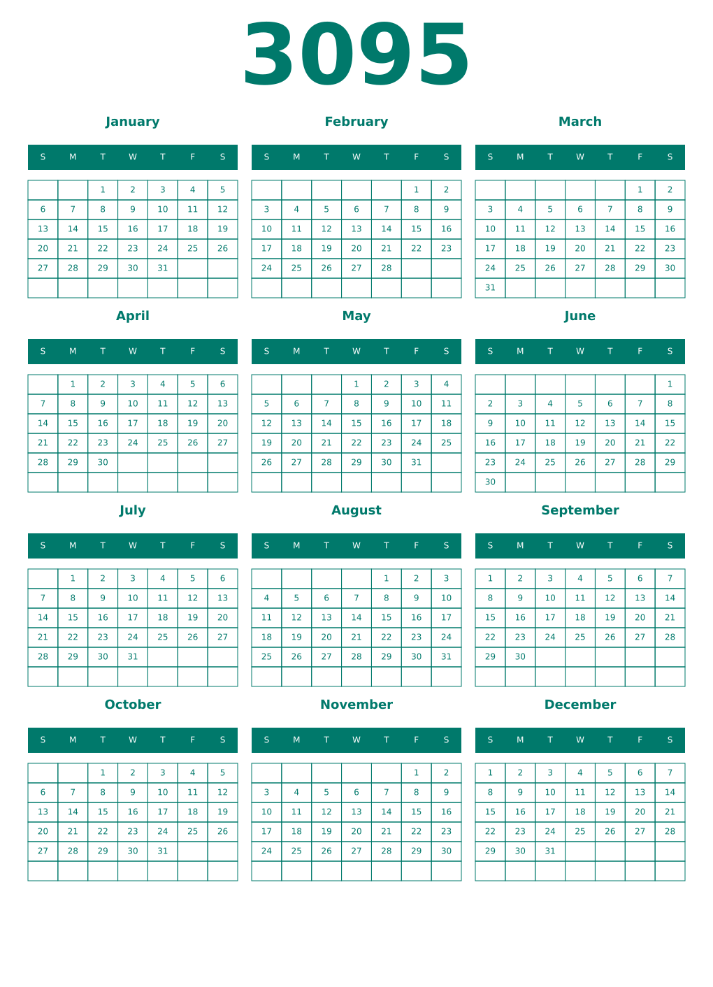 Printable 3095 Year Calendars pastel