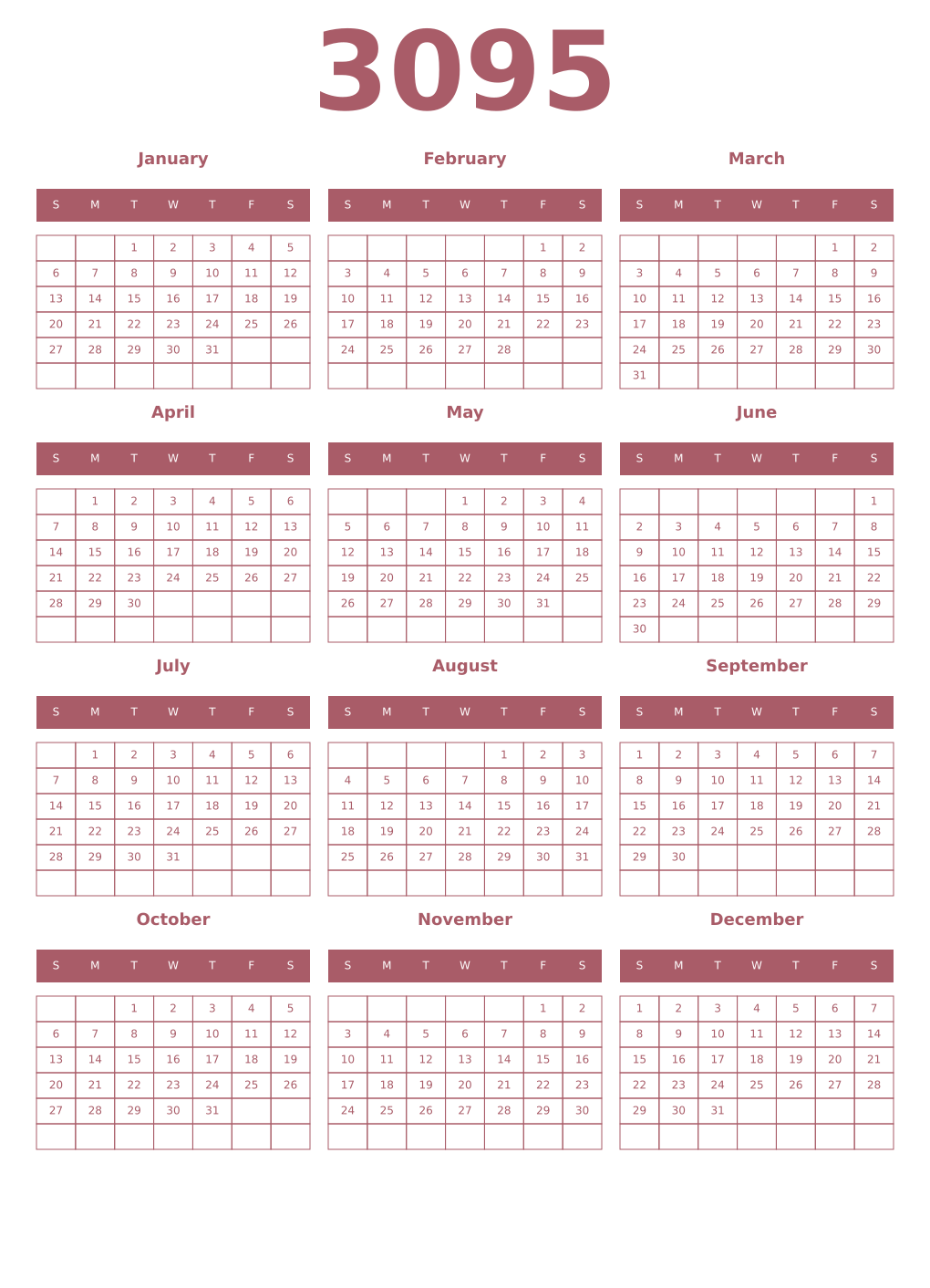Printable 3095 Year Calendars puce