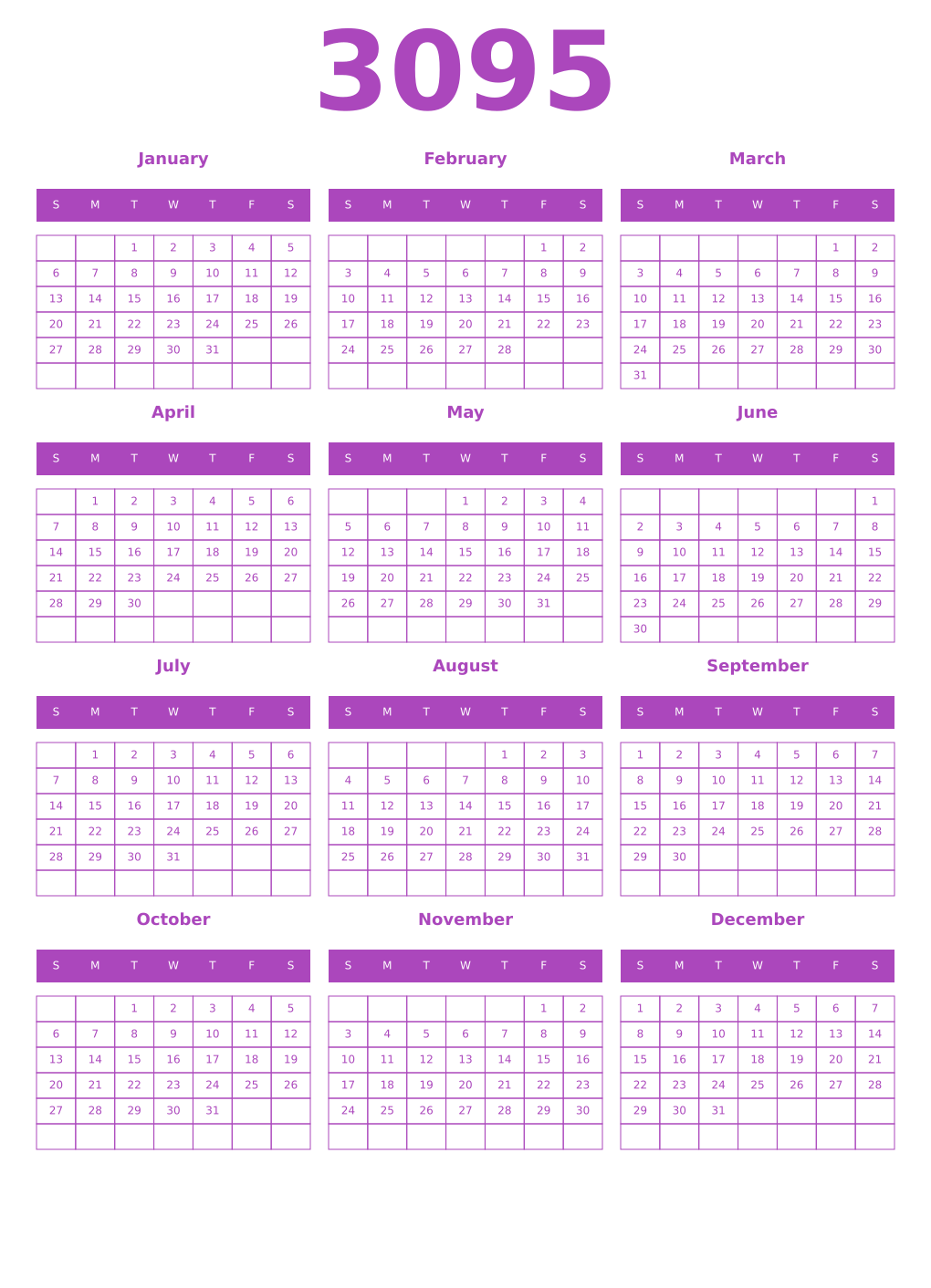 Printable 3095 Year Calendars purple