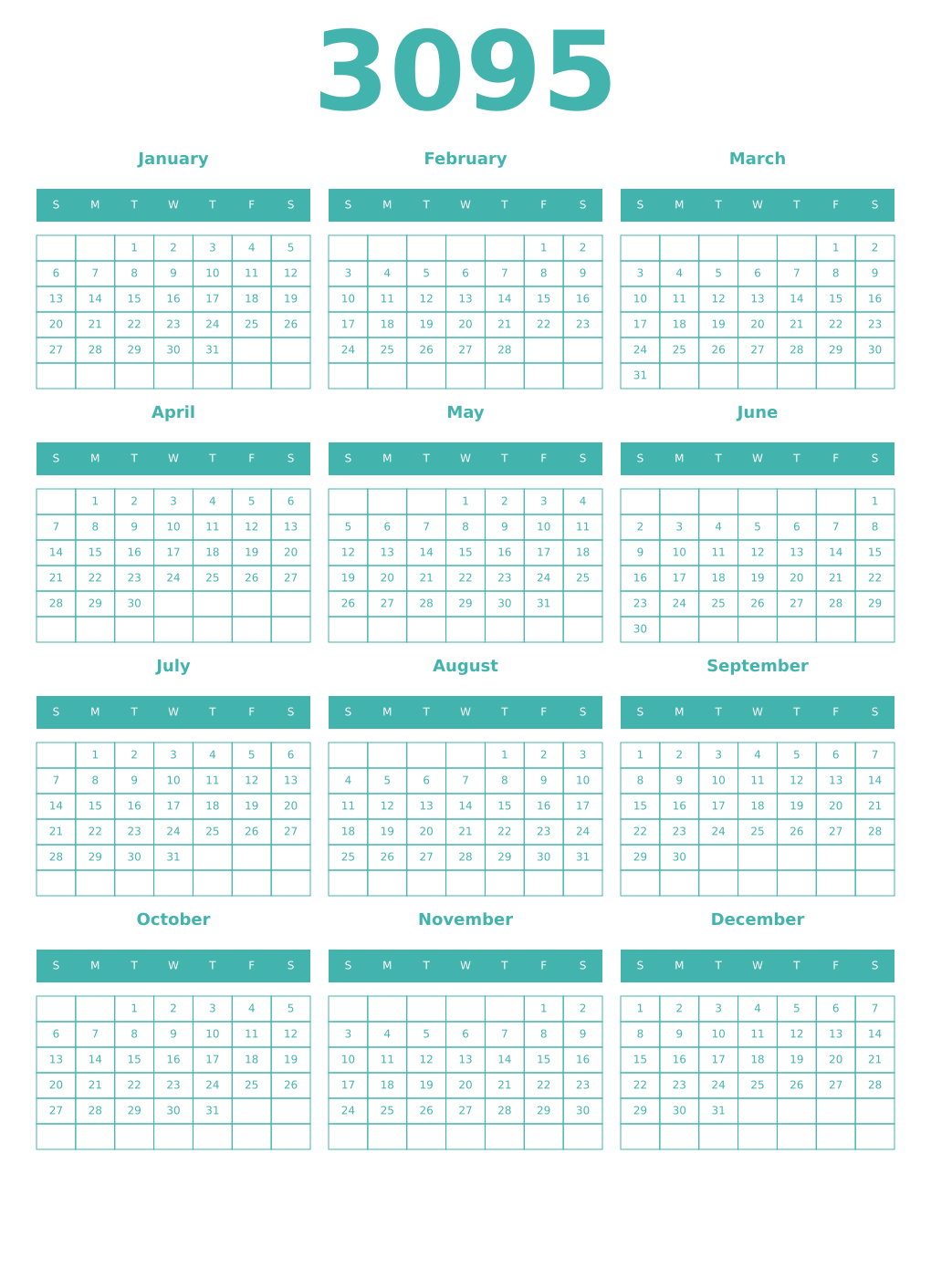 Printable 3095 Year Calendars verdigris