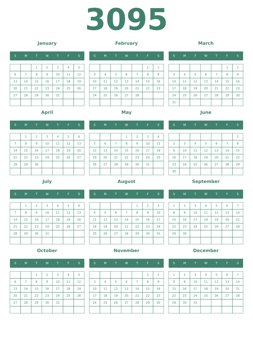 Printable 3095 Year Calendars viridian