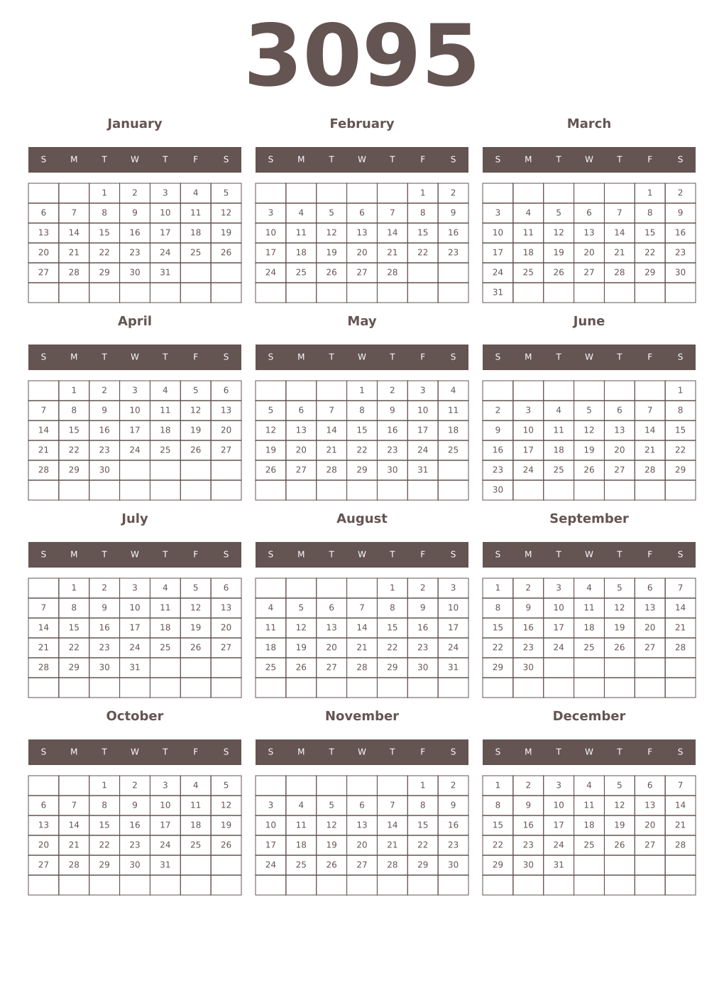 Printable 3095 Year Calendars wenge