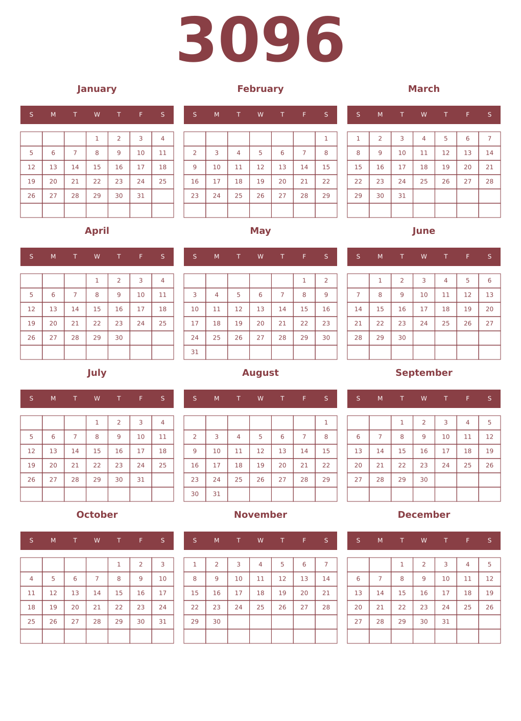 Printable 3096 Year Calendars cordovan