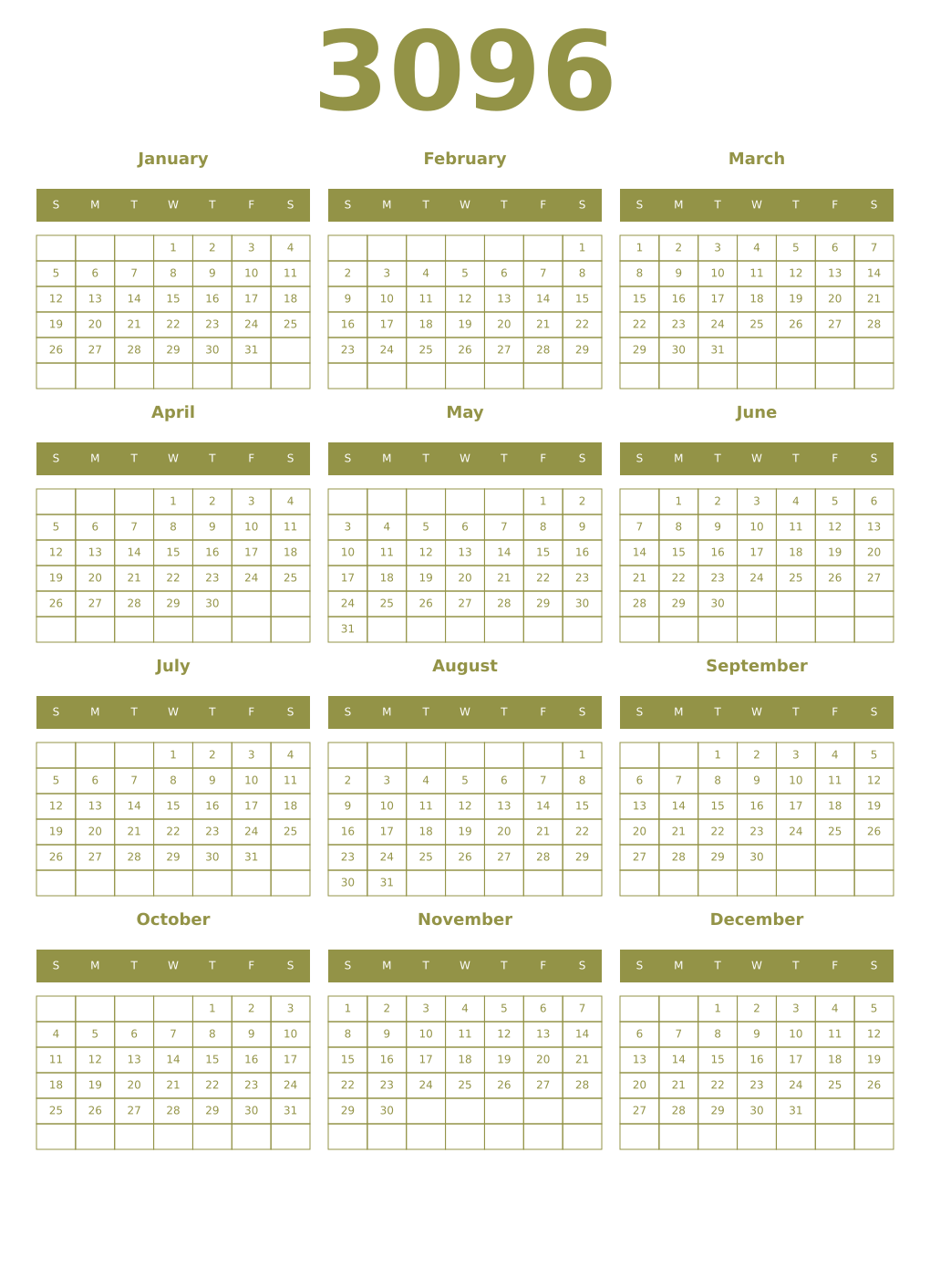 Printable 3096 Year Calendars eburnean
