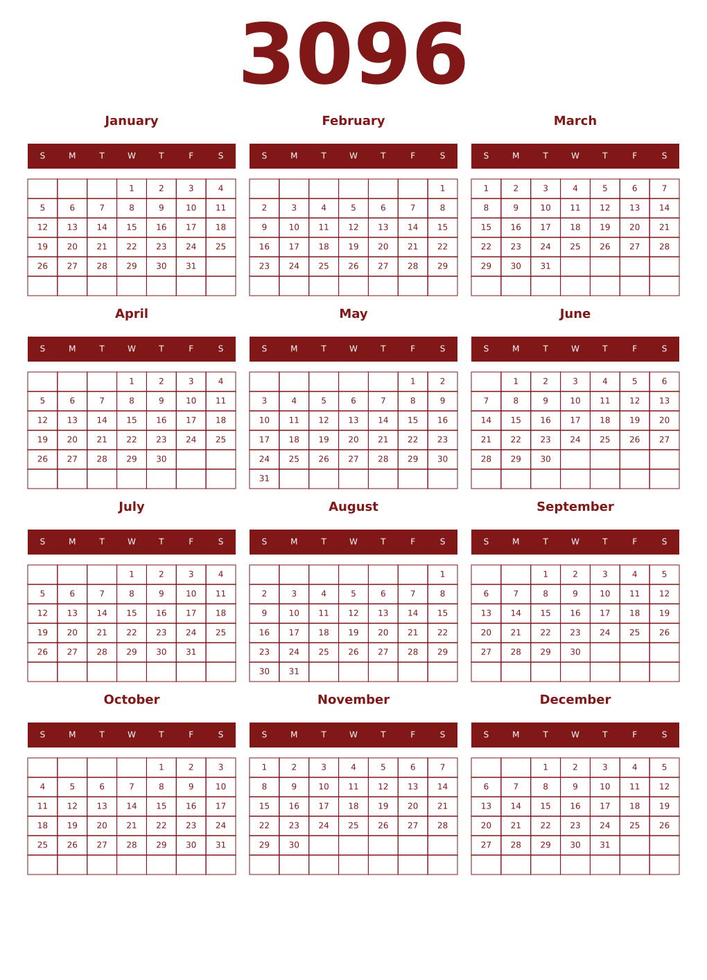 Printable 3096 Year Calendars falu