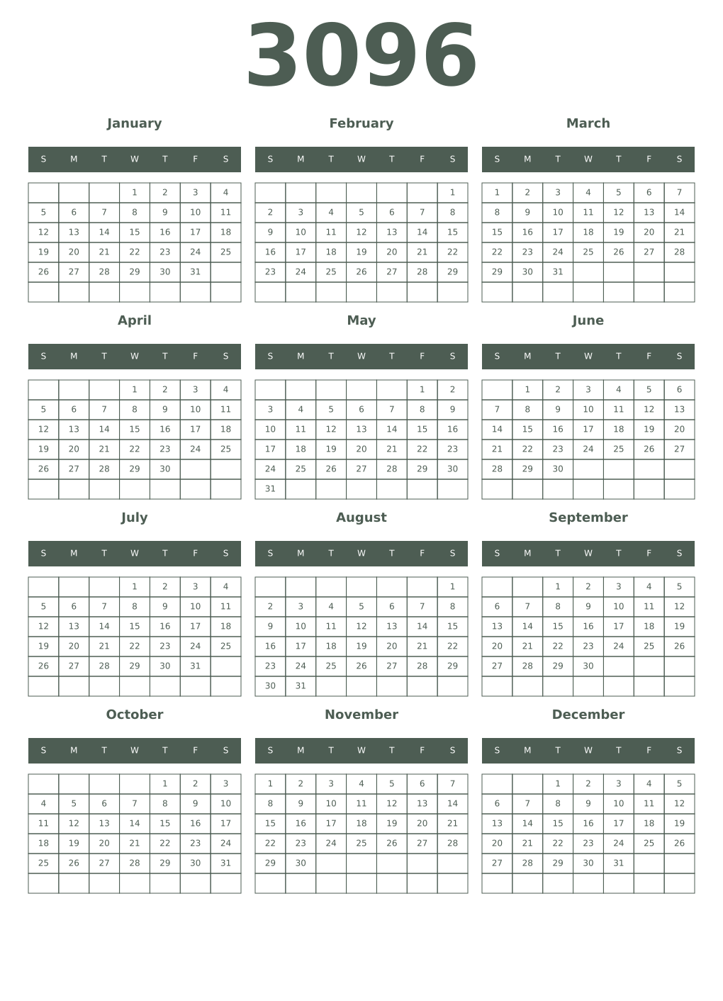 Printable 3096 Year Calendars feldgrau