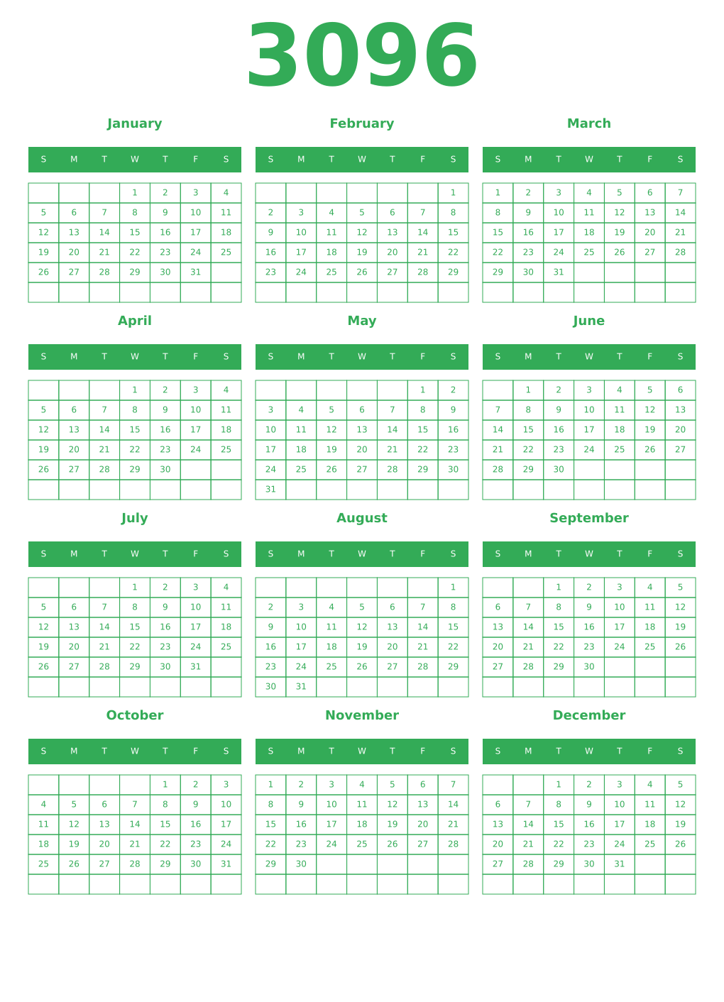 Printable 3096 Year Calendars green