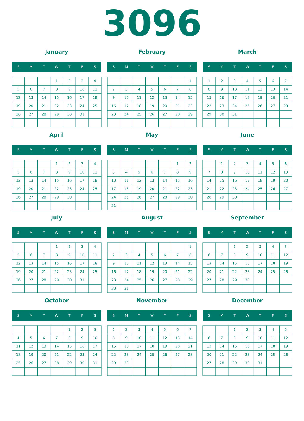 Printable 3096 Year Calendars pastel