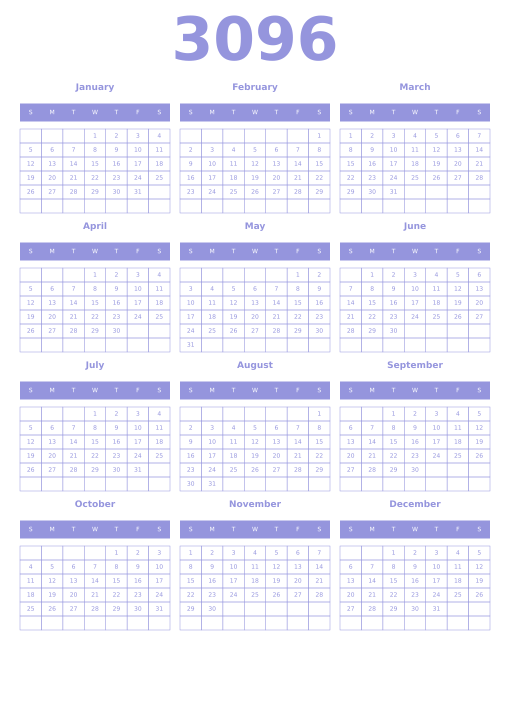 Printable 3096 Year Calendars periwinkle