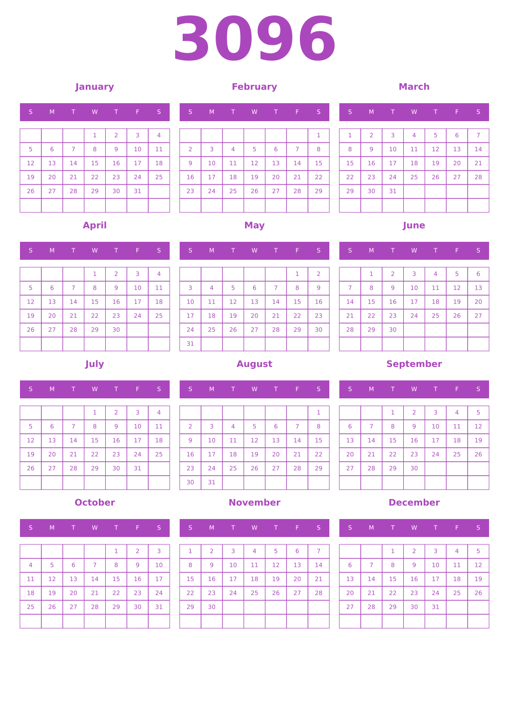 Printable 3096 Year Calendars purple