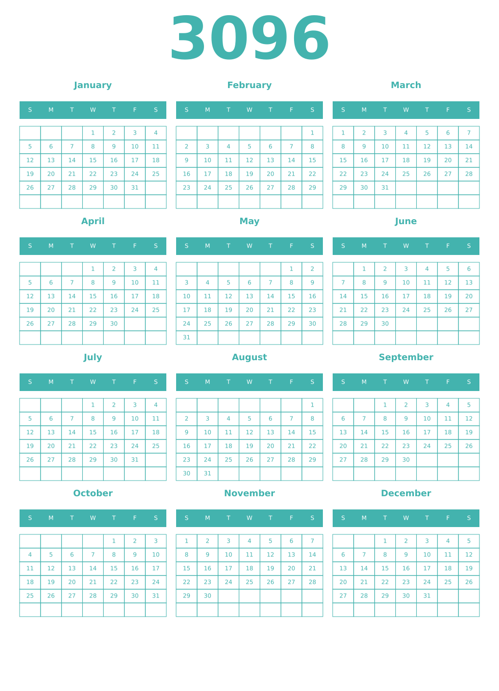 Printable 3096 Year Calendars verdigris
