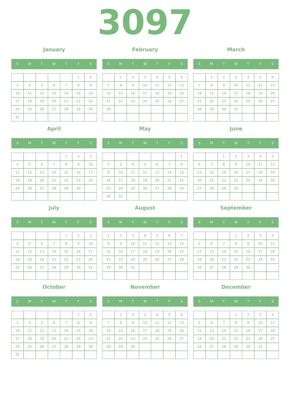 Printable 3097 Year Calendars celadon
